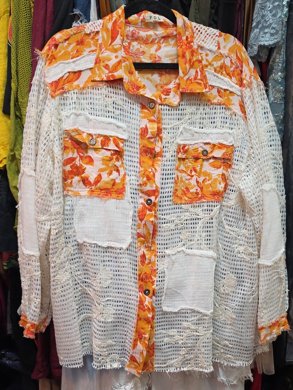 POL Orange Floral Crochet Button-Front Oversized Shirt